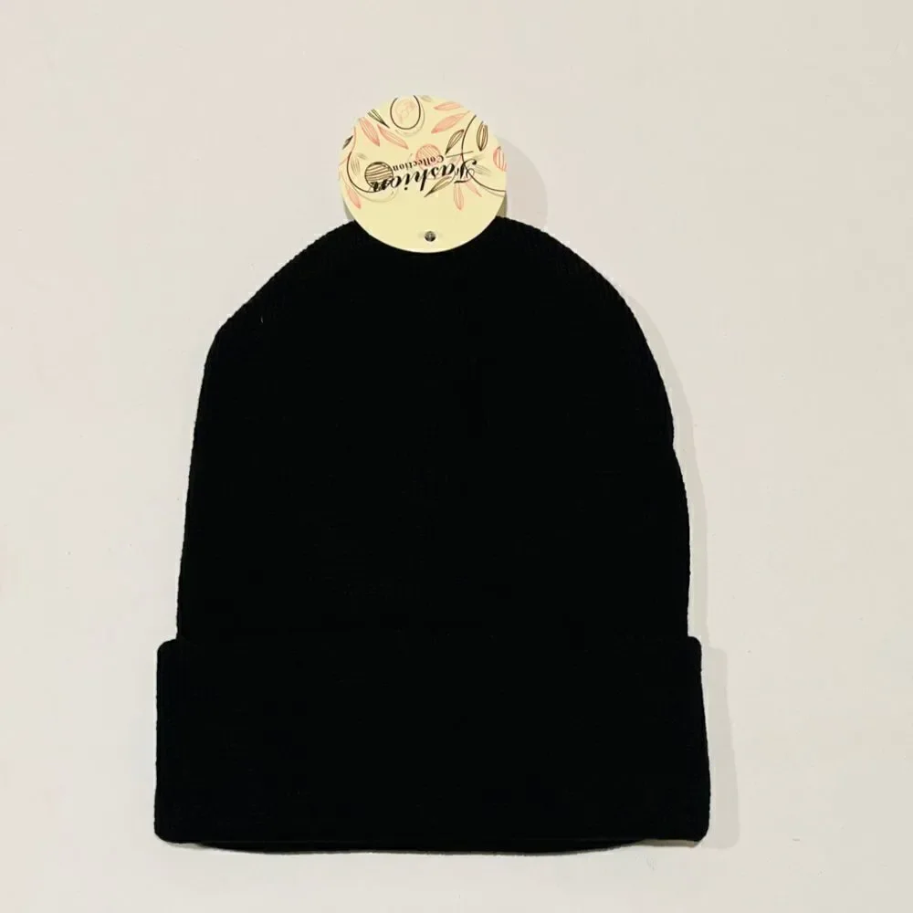New Black Ribbed Foldover Beanie Unisex New